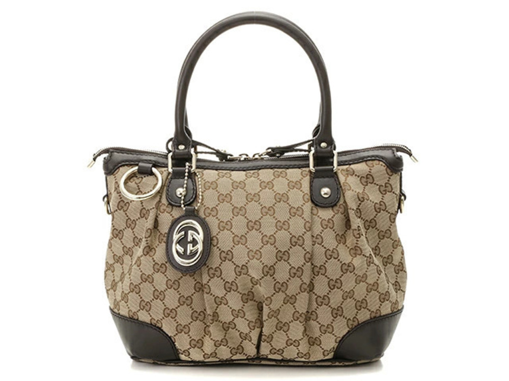 Gucci shoulder bag dark brown Beige Cream GG canvas calfskin